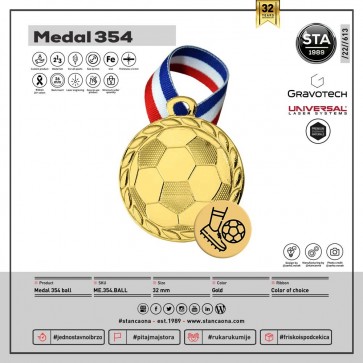 Medalja 354 zlatna simbol lopte (32 mm promjer, 26 mm stražnji insert) / MOQ 5 komada